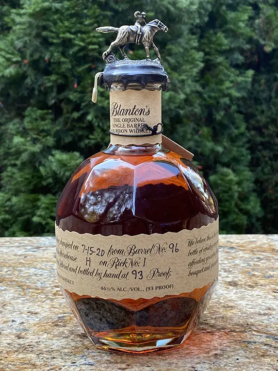 Blanton's Original Single Barrel bourbon bottle outdoors