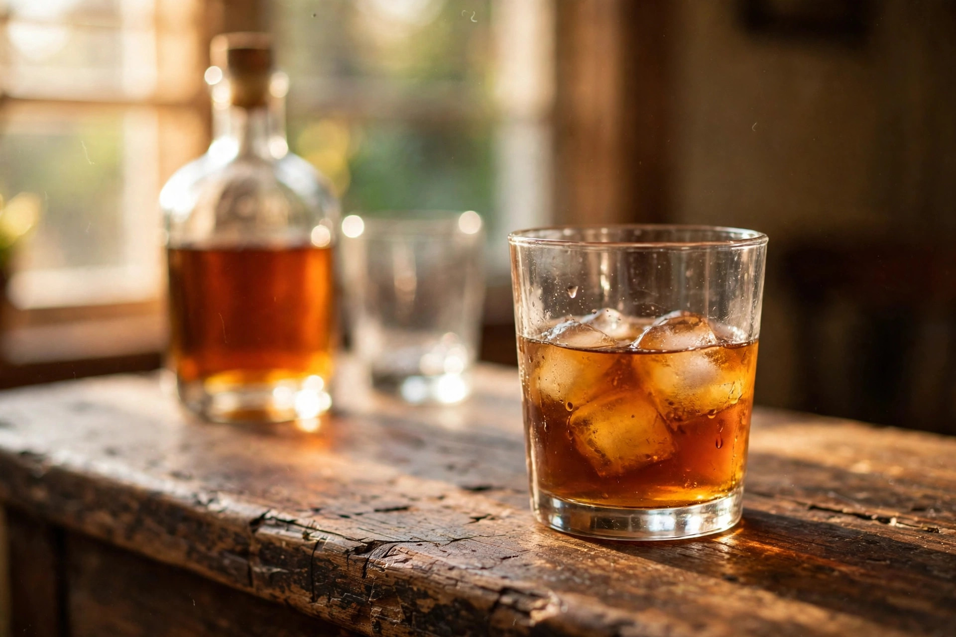 A glass of bourbon glowing in warm light beside oak barrels