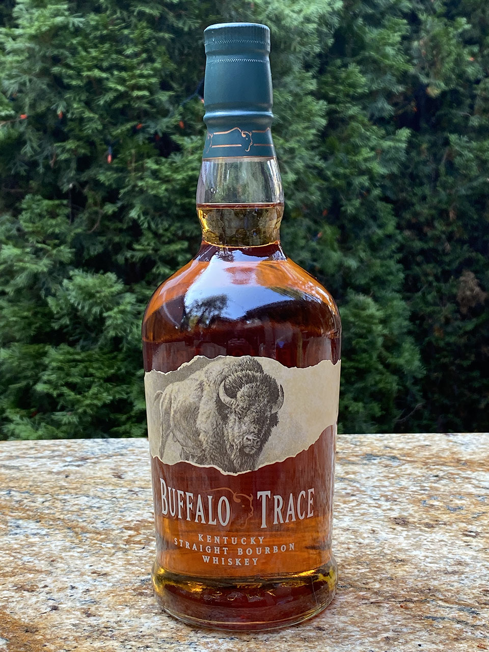 Buffalo Trace bourbon bottle outdoors