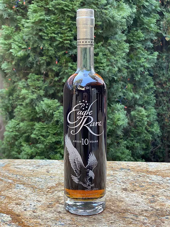 Eagle Rare 10 Year bourbon bottle outdoors